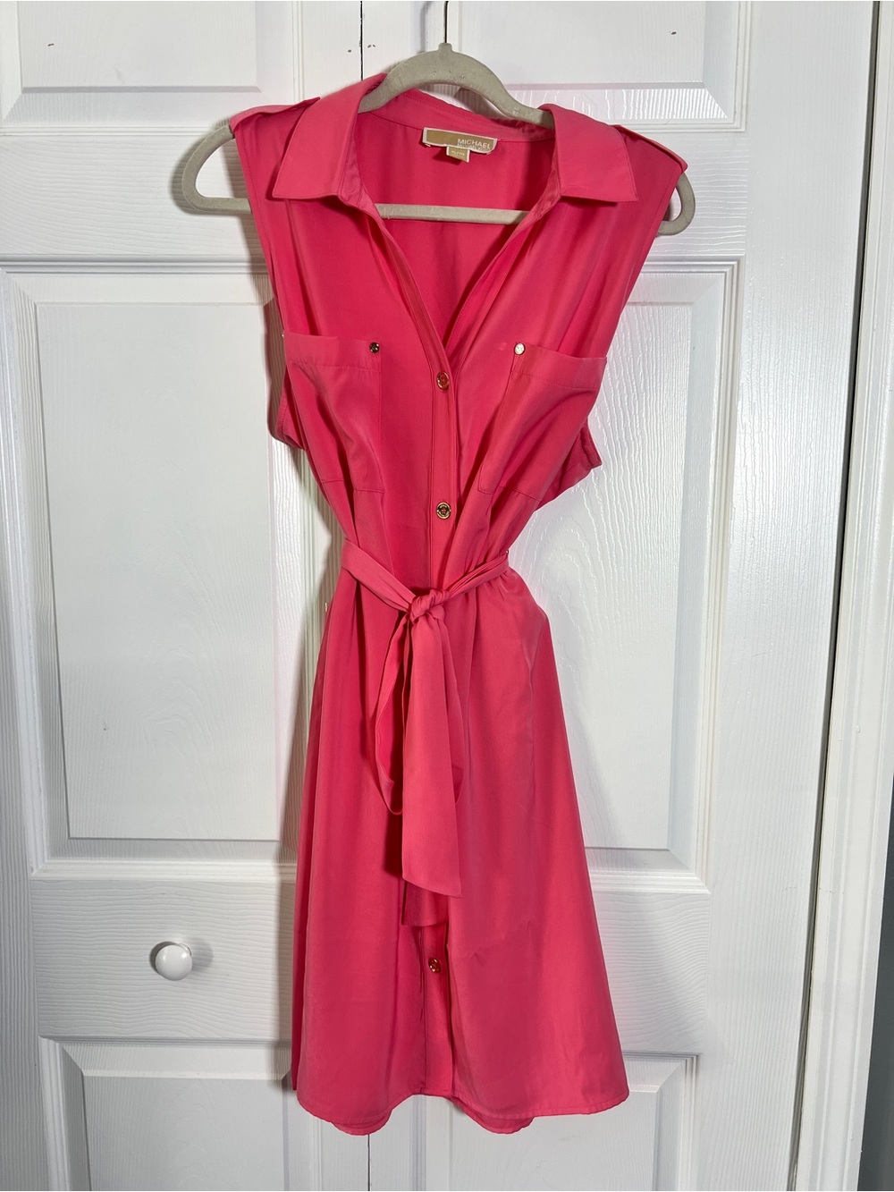 NWOT Michael Kors Bright Pink Sleeveless Shirt Dress with Tie Waist